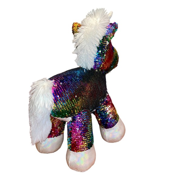 Rainbow/Silver Flip Sequin Unicorn Plush 8.5” x 14” x 17” - Picture 5 of 10